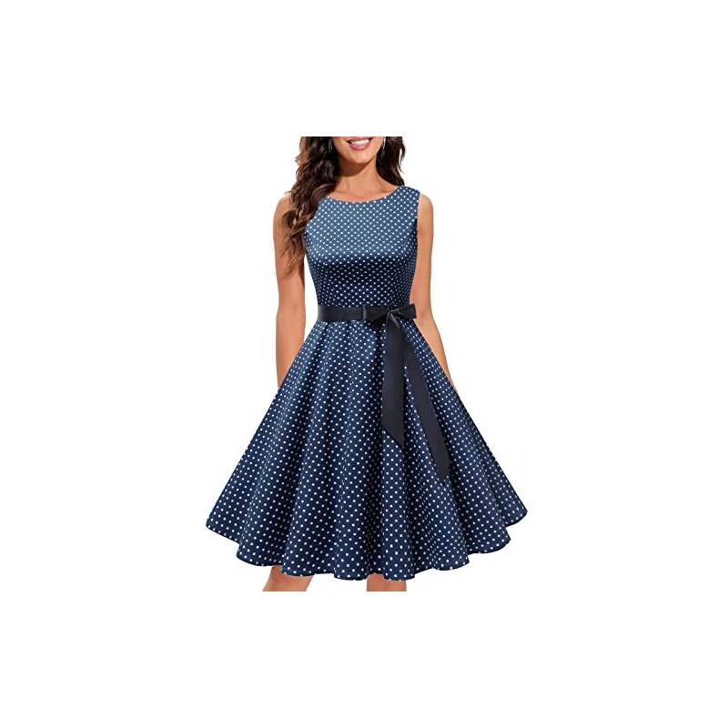 Abito Vintage Anni '50 A Pois Rockabilly, Scollo A Cuore, Maniche A 3/4 In Rete, Plissettato, Lunghezza Al Ginocchio, Colore Blu/nero