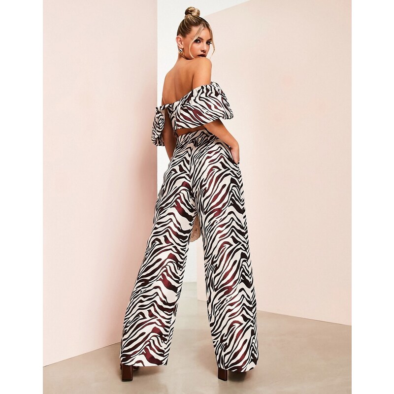 ASOS Luxe - Pantaloni a fondo ampio in raso zebrato in coordinato-Multicolore
