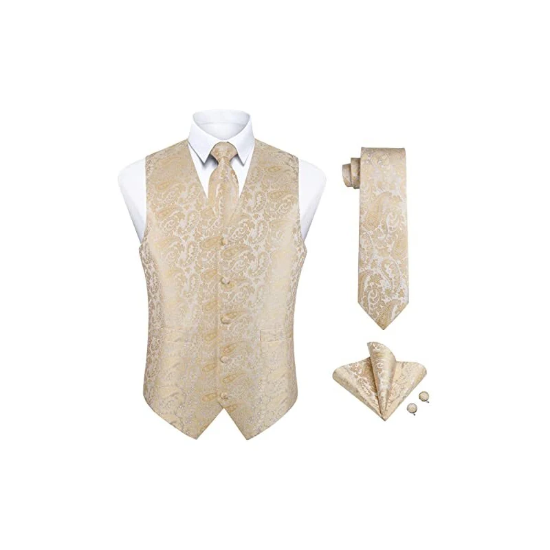 Enlision Gilet Costume Homme Paisley Mariage Ensemble de Cravate et Pochette Jacquard Gilets sans Manche pour Fete Bleu Marine - Prêt-à-Porter