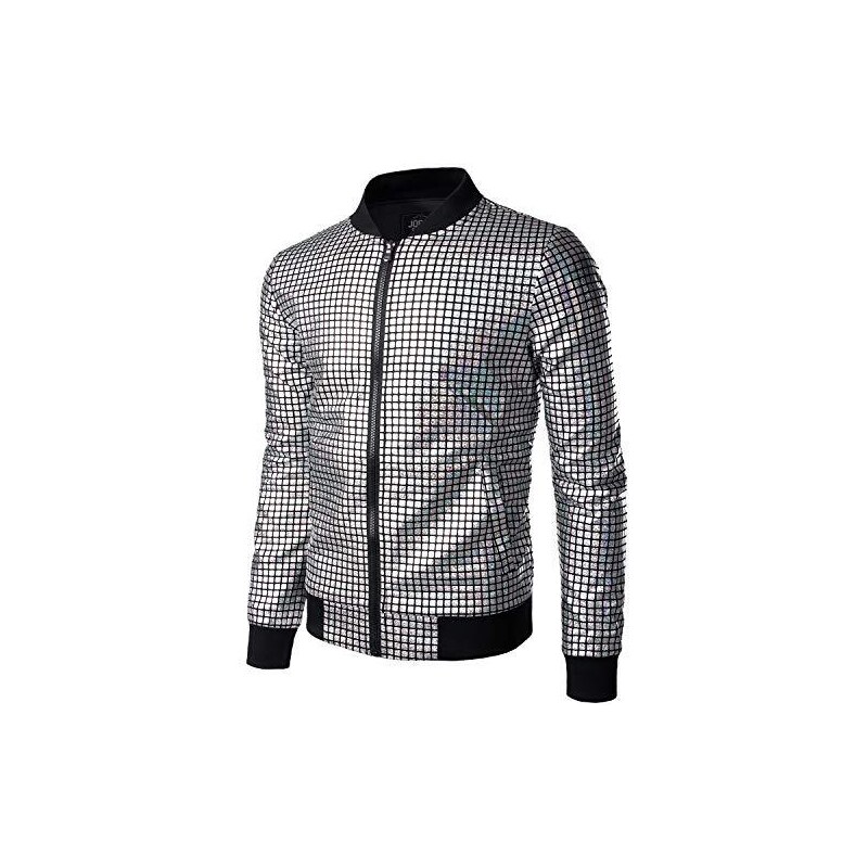 JOGAL Camicia Uomo Con Paillettes Blu Reale E Argento, Maniche Lunghe, Vestibilità Slim, Stile Anni '70 Per Discoteca E Feste