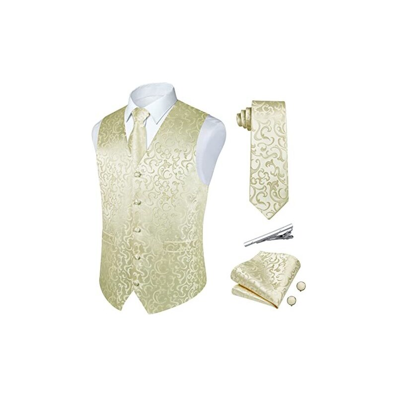 Set Gilet Uomo In Paisley Floreale 5 Pezzi – Gilet, Cravatta, Fazzoletto, Gemelli E Fermacravatta Per Matrimoni E Cerimonie