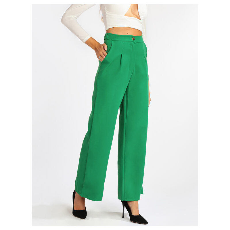 New Collection Pantaloni Donna a Gamba Larga Con Tasche Casual Verde Taglia L
