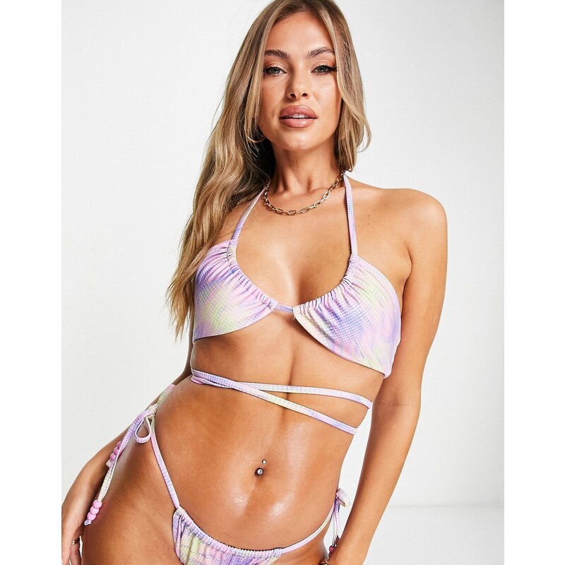 ASOS DESIGN - Top bikini a triangolo rovesciato con stampa pixelata color pastello-Multicolore