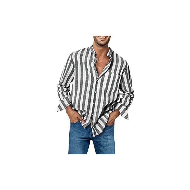 Modaworld Camicia Da Uomo In Lino A Righe Casual Camicie Con Bottoni