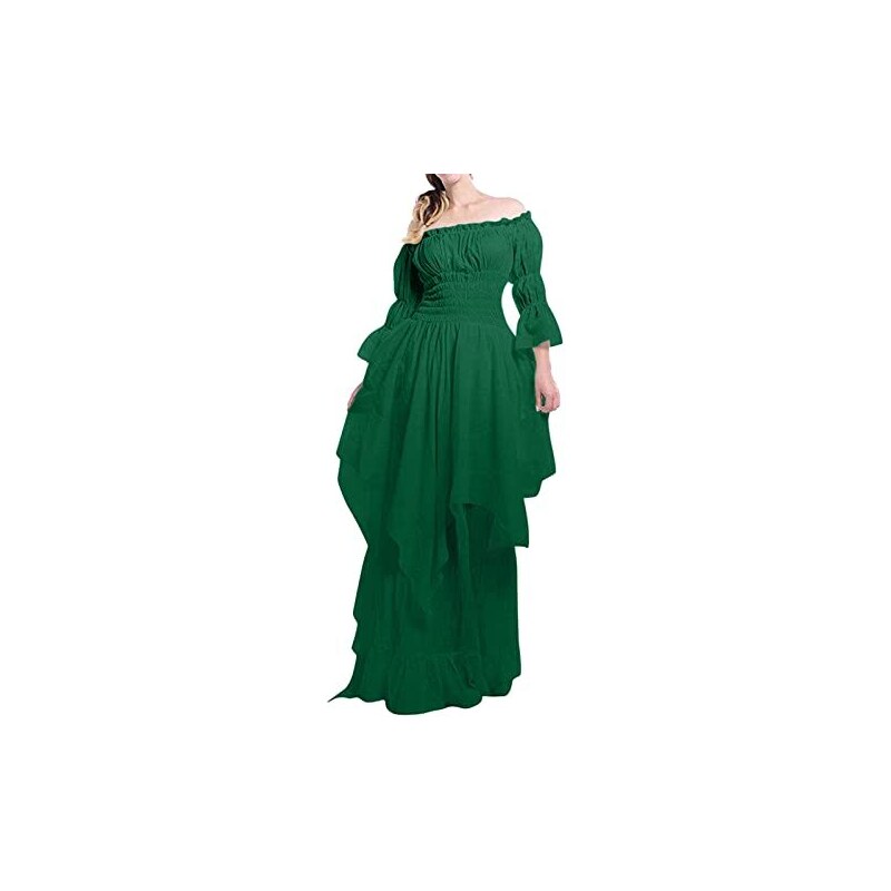 SCARLET DARKNESS Abito Medievale Donna Spalle Scoperte - Manica Corta In Cotone Con Tasche - Lungo Fino Alle Caviglie - Verde/Beige/Avorio - 6