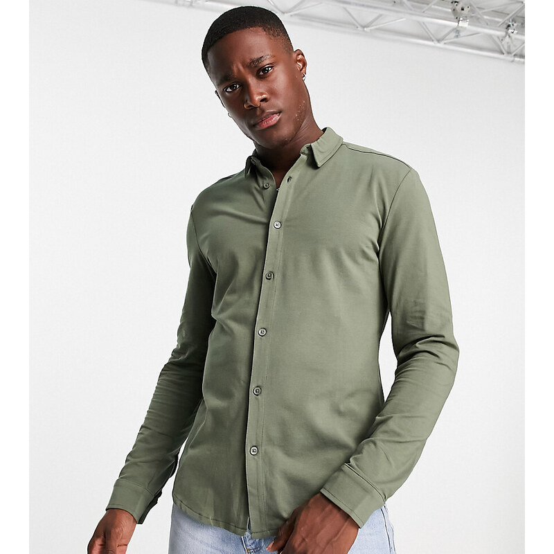 New Look - Camicia attillata a maniche lunghe in jersey kaki-Verde