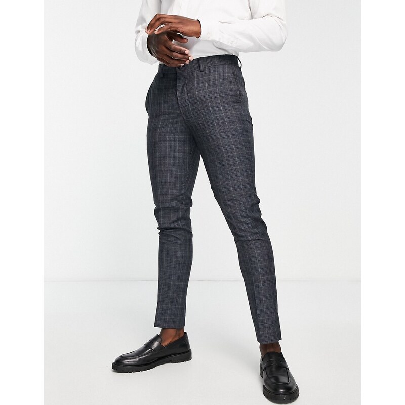 Jack & Jones Premium - Pantaloni da abito super slim blu a quadri-Blu navy