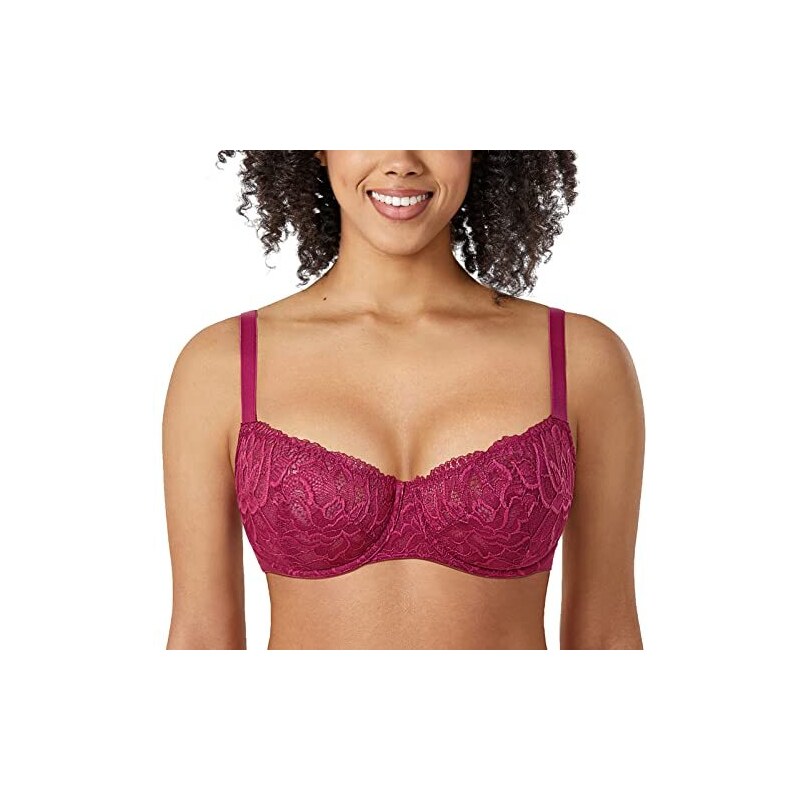 Delimira Reggiseno Balcone Donna In Pizzo Push Up Sexy Con Ferretto Sfoderato Melanzana F