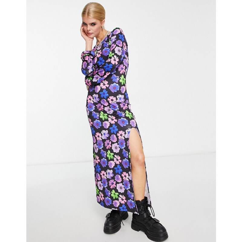 Esclusiva Only - Vestito lungo aperto sul retro con spacco sul lato viola a fiori