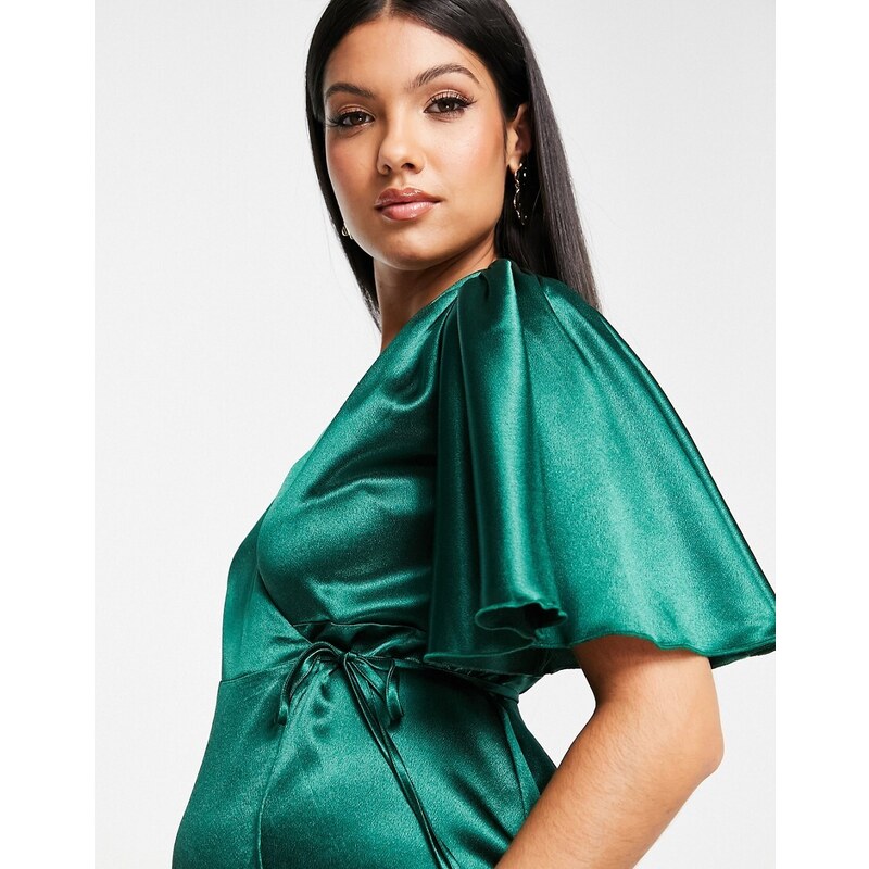 Little Mistress Maternity - Vestito lungo con maniche a volant in raso verde smeraldo