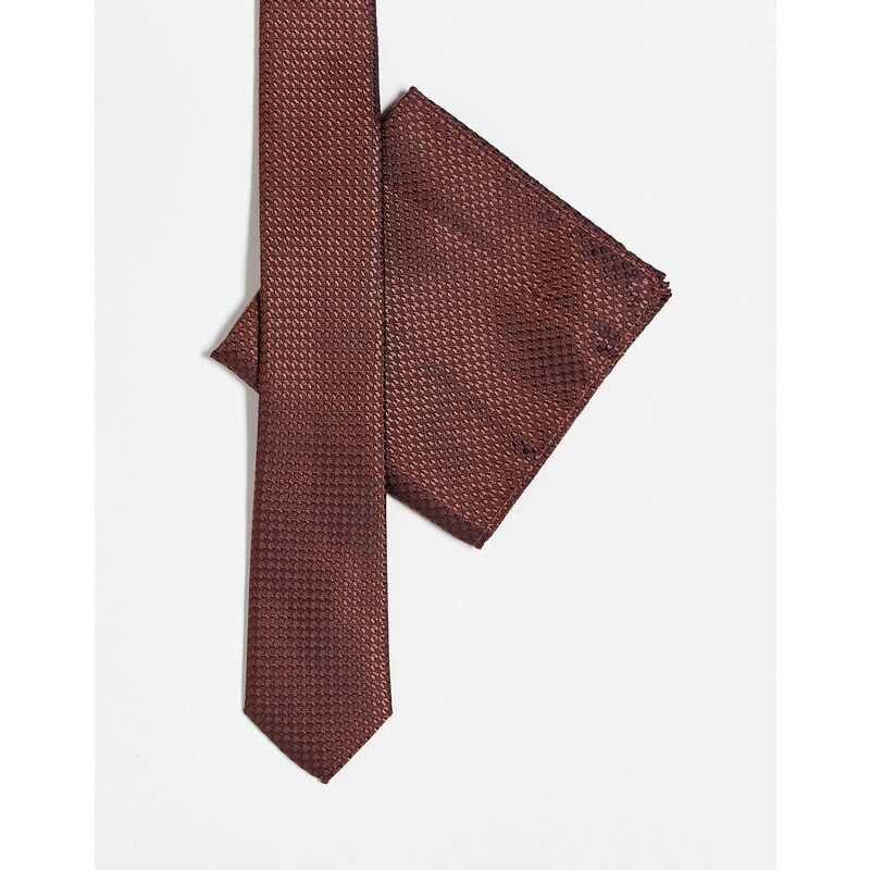River Island - Set con cravatta e fazzoletto da taschino color ruggine-Marrone