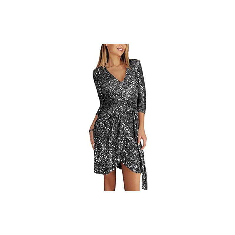 Abito Elegante Da Cerimonia Minetom Per Donna - Scollo A V, Manica Lunga, Paillettes Lucenti, Vestito Da Sera Per Cocktail, Matrimonio E Festa