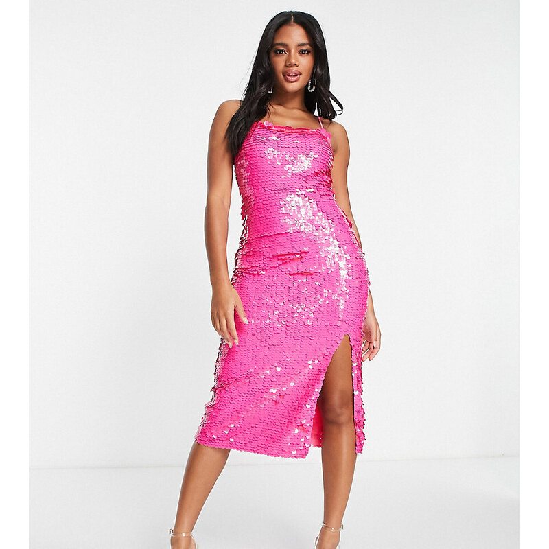 Esclusiva Lace & Beads - Vestito midi con paillettes rosa acceso e spacco-Oro