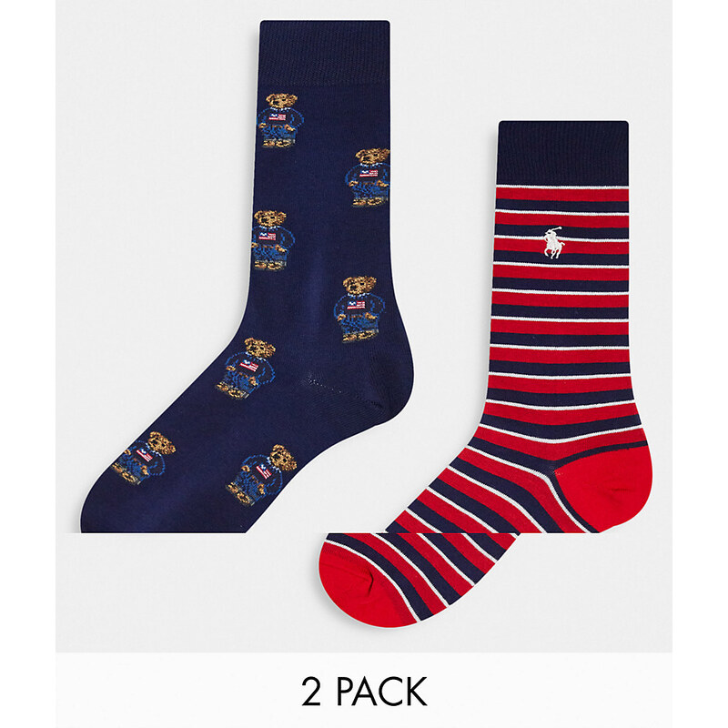 Polo Ralph Lauren - Confezione da 2 paia di calzini blu navy con orsetti e rossi a righe-Multicolore