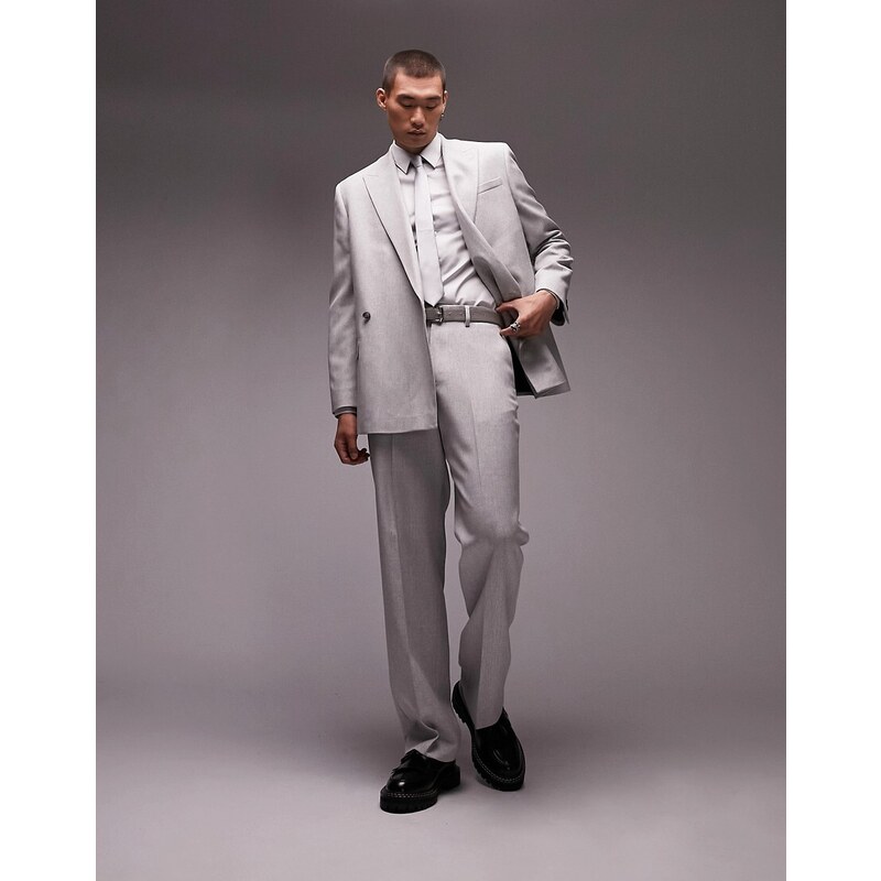 Topman Wedding - Pantaloni da abito con fondo ampio grigi in tessuto spazzolato-Grigio