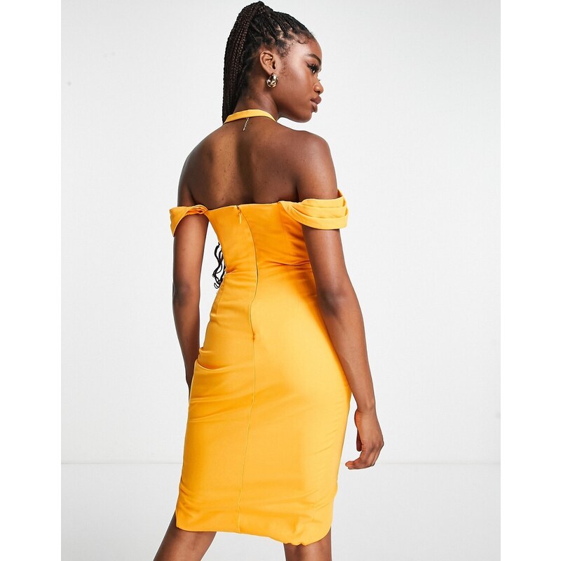 Lavish Alice - Vestito midi a portafoglio color mango con scollo Bardot-Arancione