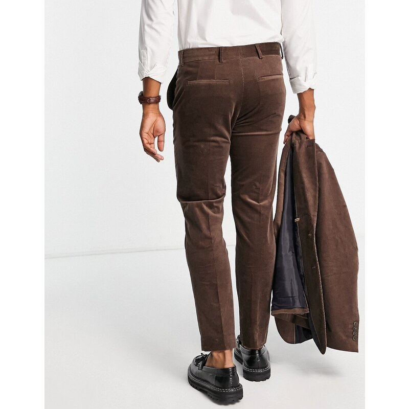 Selected Homme - Pantaloni da abito slim in velluto a coste marroni-Marrone