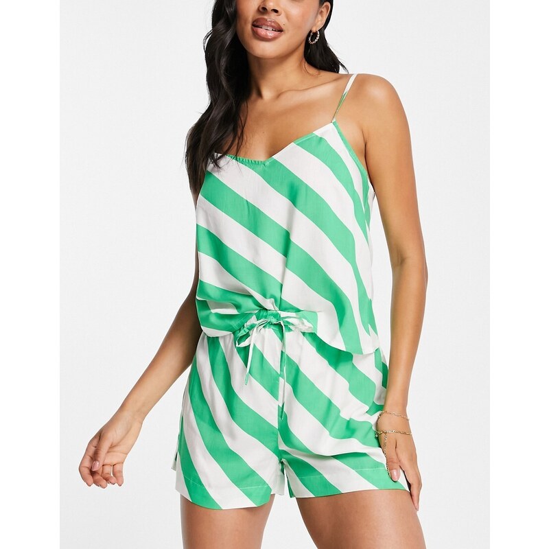 ASOS DESIGN - Mix & Match - Pantaloncini del pigiama in modal verde e bianco a righe-Multicolore