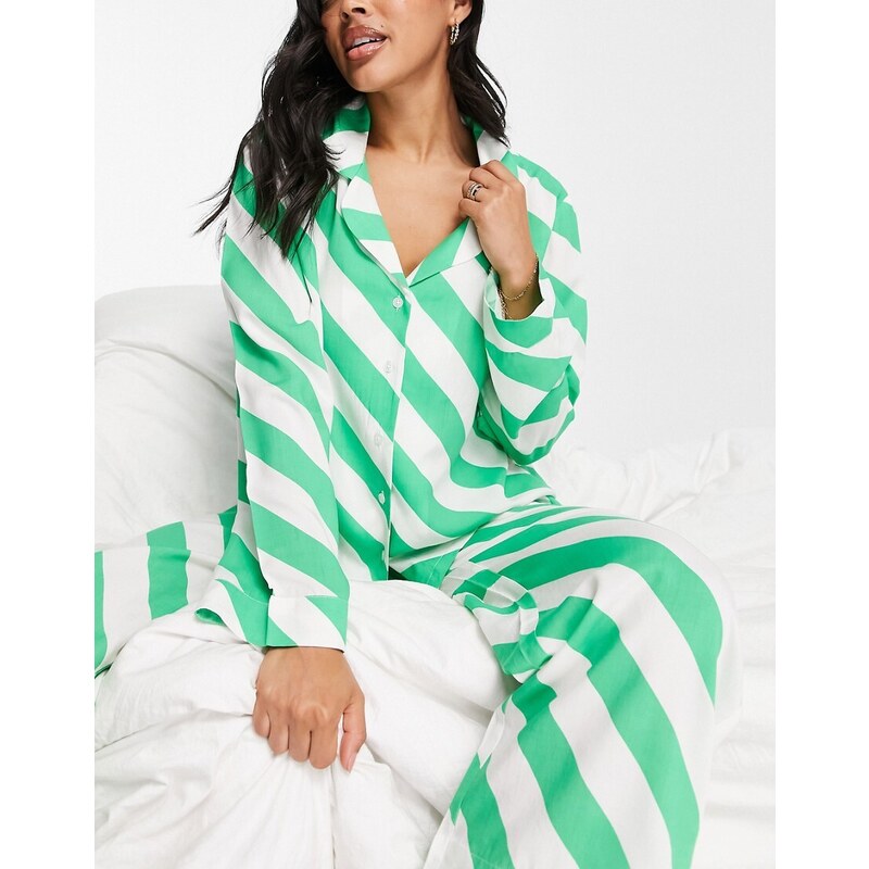 ASOS DESIGN - Mix and Match - Camicia del pigiama in modal verde e bianco a righe-Multicolore