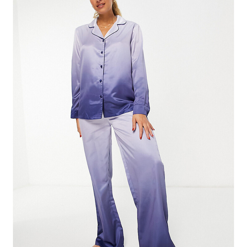 Loungeable - Completo pigiama con colletto a rever in raso blu navy sfumato