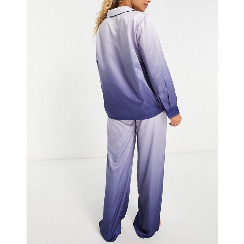 Loungeable - Completo pigiama con colletto a rever in raso blu navy sfumato