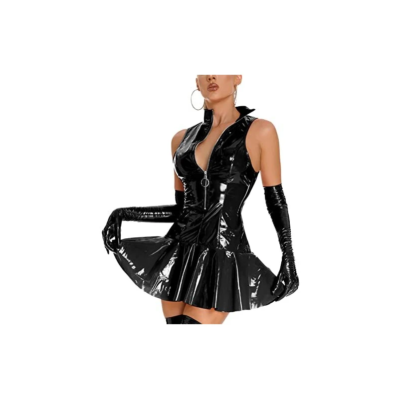 Freebily Donna Pelle Vestito Wetlook Elegante Bodycon Midi - 3
