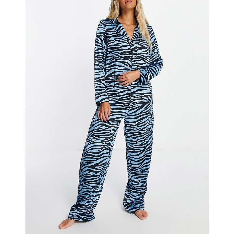River Island - Pantaloni del pigiama in raso blu con stampa zebrata