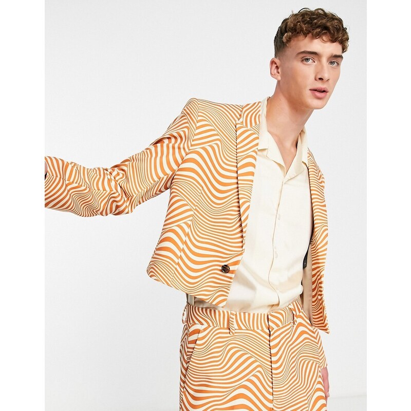 ASOS DESIGN - Giacca da abito skinny corta bianca e arancione con stampa astratta-Multicolore