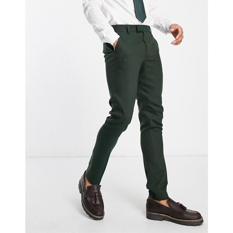 ASOS DESIGN Wedding - Pantaloni skinny in misto lana verde scuro con intreccio a cesto