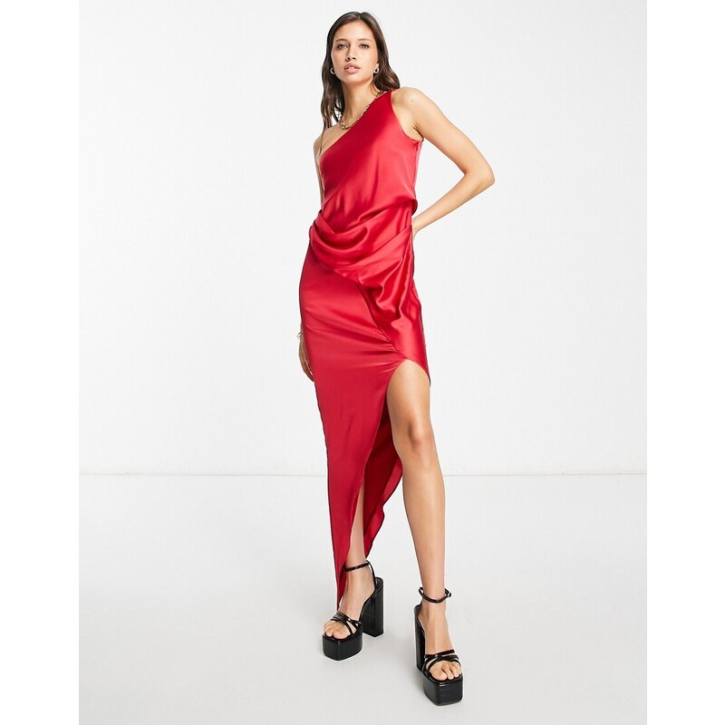 ASOS DESIGN - Vestito midi monospalla in raso con drappeggio, colore rosso