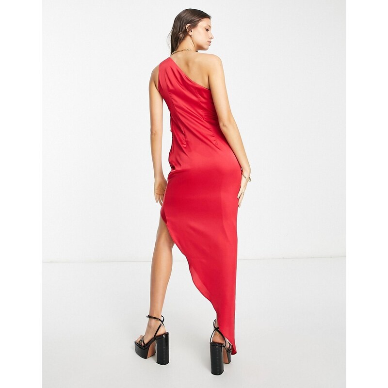 ASOS DESIGN - Vestito midi monospalla in raso con drappeggio, colore rosso