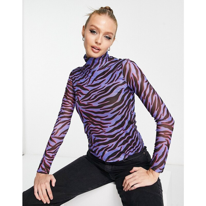 Vero Moda - Top in rete a collo alto viola con stampa zebrata-Multicolore