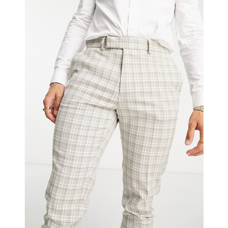 ASOS DESIGN - Pantaloni da abito skinny beige e blu navy con stampa a quadri