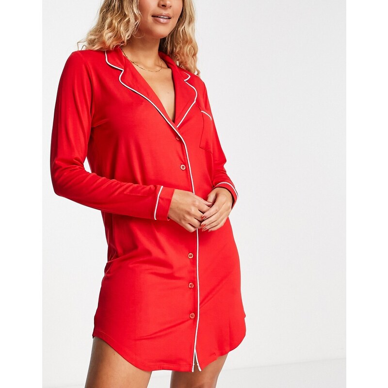 ASOS DESIGN - Camicia da notte in viscosa rossa con profili a contrasto-Rosso
