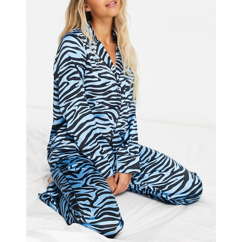 River Island - Camicia del pigiama in raso blu con stampa zebrata