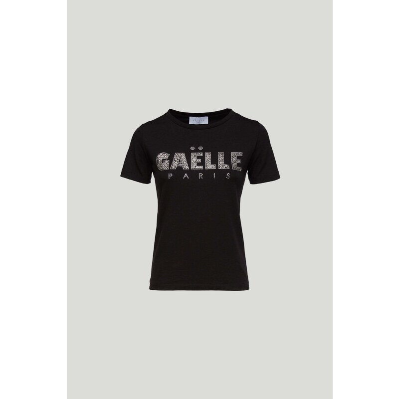 GAELLE T-shirt Nera con Logo Strass