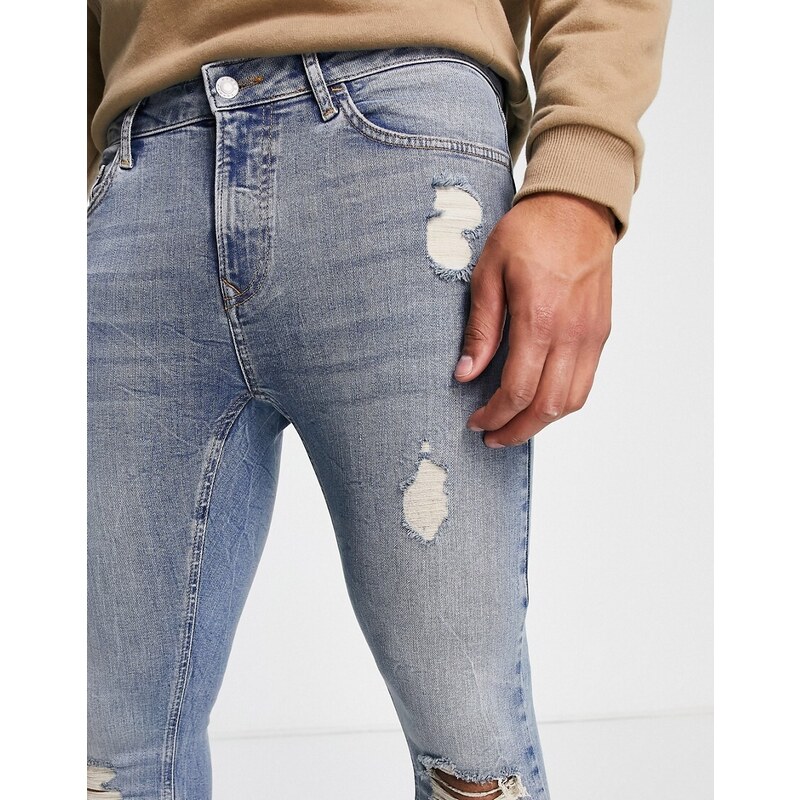 Topman - Jeans spray on a coste larghe, lavaggio medio-Blu