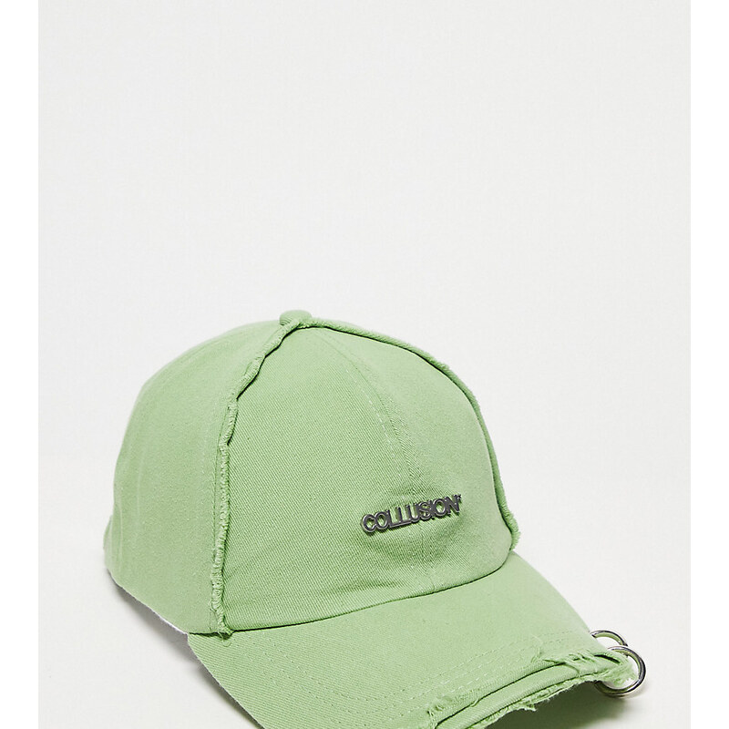 COLLUSION Unisex - Cappellino invecchiato kaki con logo e dettaglio in metallo-Verde