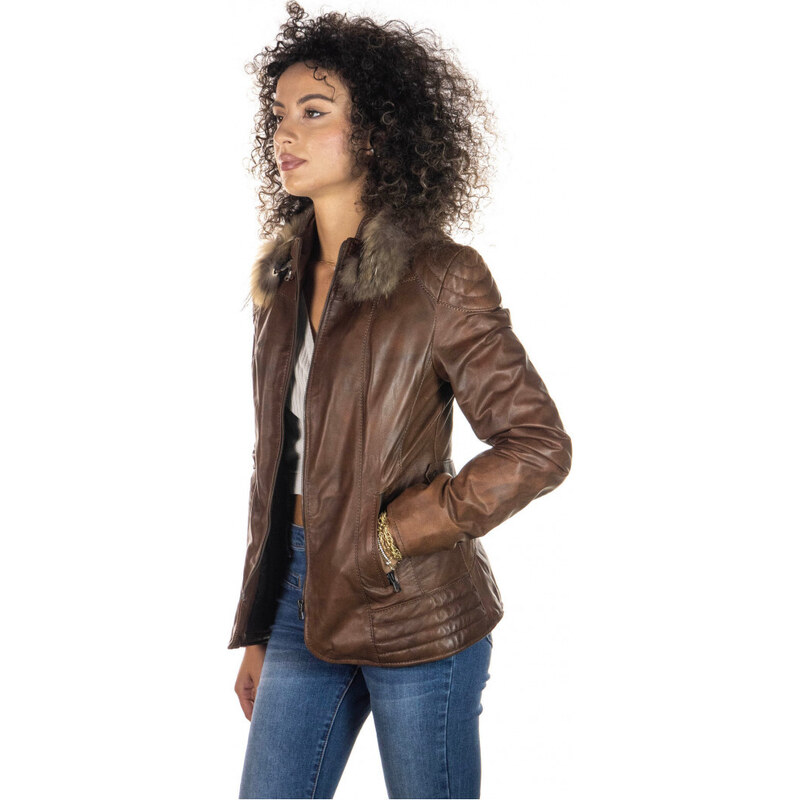 Leather Trend T100 - Giacca Donna Cuoio con Cappuccio in vera pelle