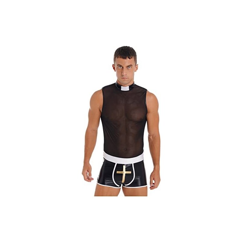 YiZYiF Costume da Gioco di Ruolo da Prete da Uomo Sexy See Through Lingerie  per Festa a Tema di Carnevale Halloween Outfit Clubwear Nero XXL 