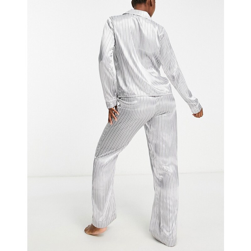 Vero Moda - Pigiama composto da pantaloni e camicia in raso argento gessato-Grigio