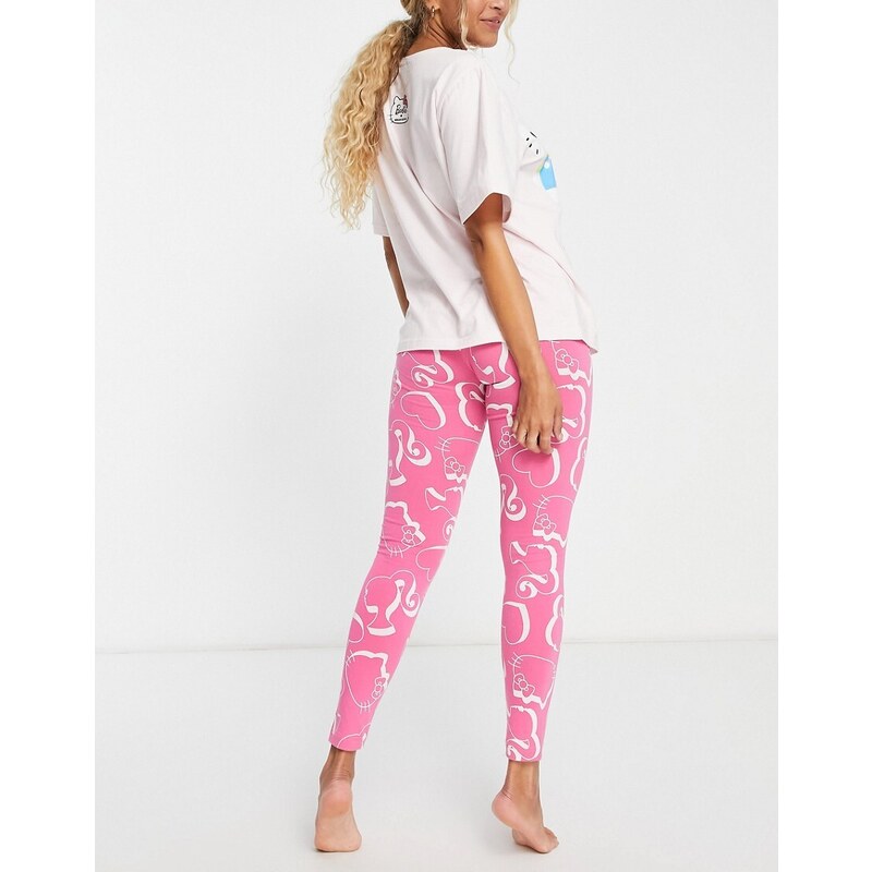 ASOS DESIGN - Barbie x Hello Kitty - Pigiama con T-shirt oversize e leggings rosa