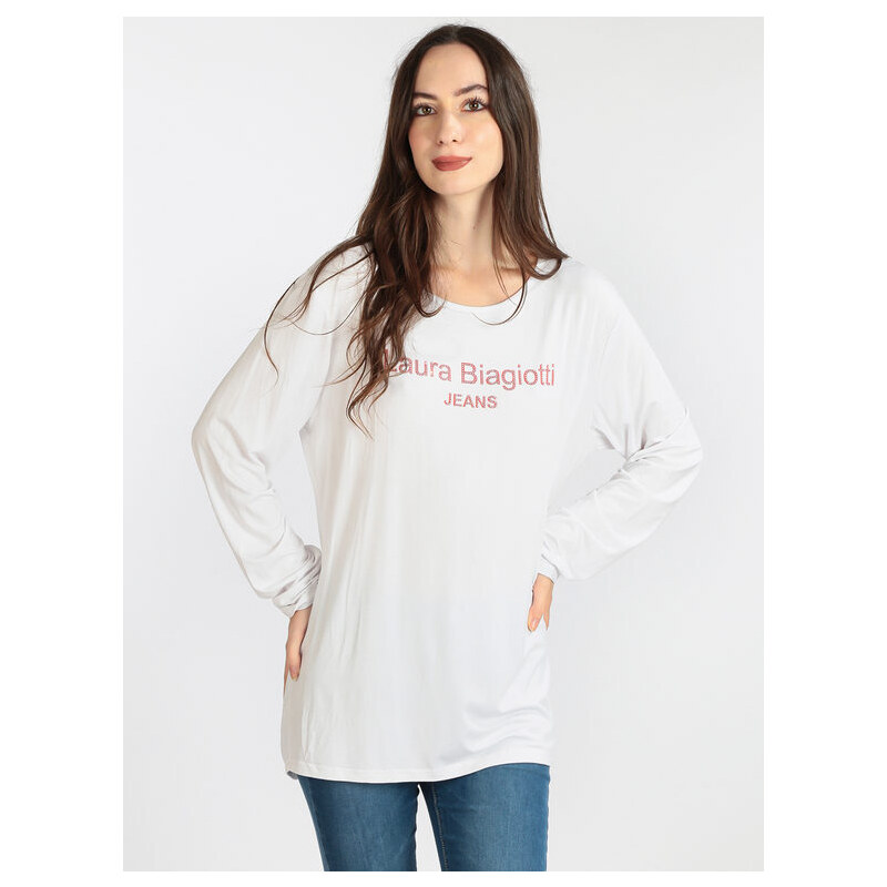 Laura Biagiotti T-shirt Da Donna Lunga Con Strass Manica Bianco Taglia L