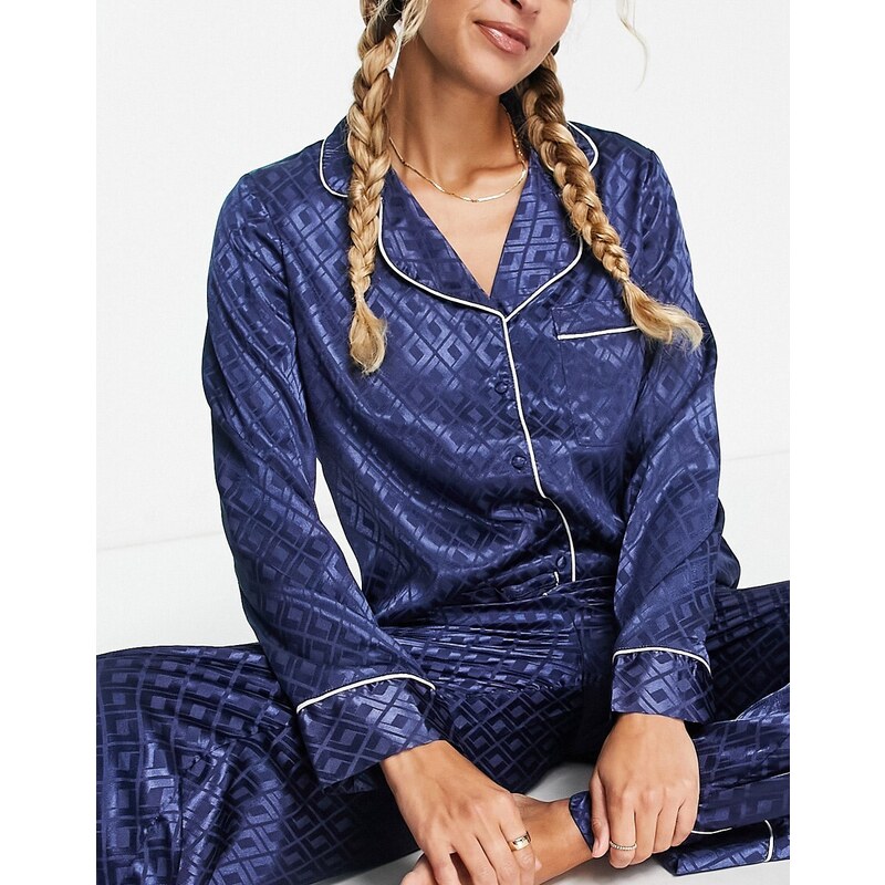 River Island - Camicia del pigiama in raso blu jacquard