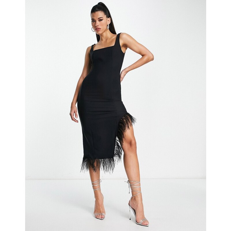 Trendyol Vestito midi con scollo squadrato e fondo asimmetrico in piuma  sintetica-Nero