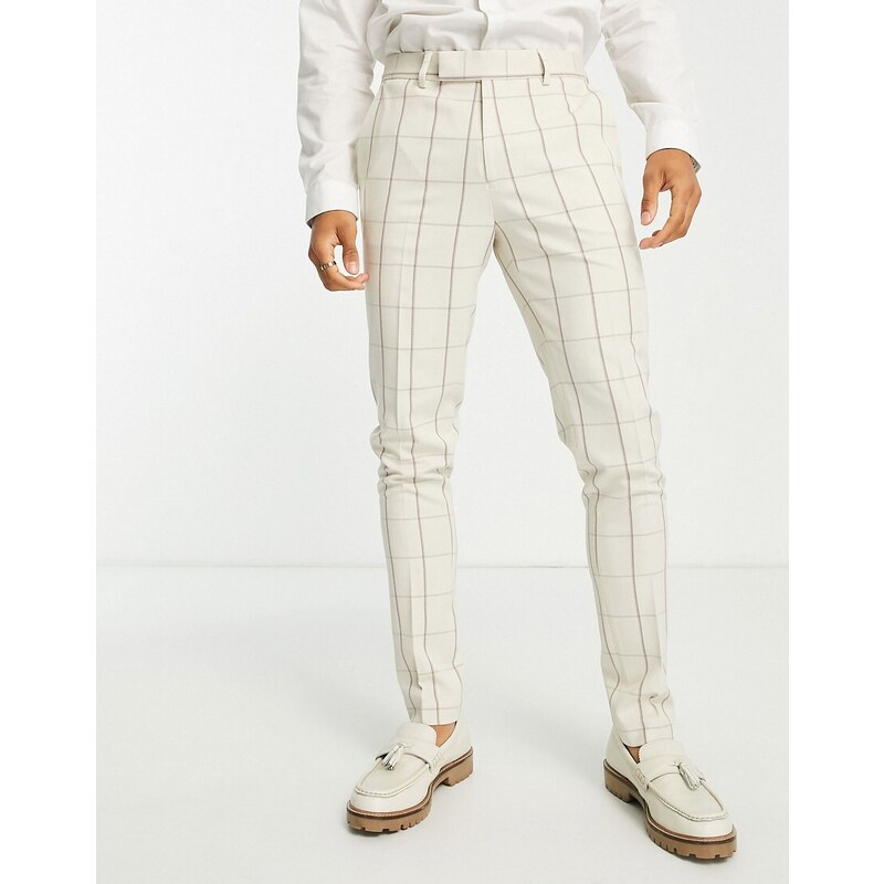ASOS DESIGN - Pantaloni da abito skinny in misto lino écru e marroni con motivo a griglia-Marrone