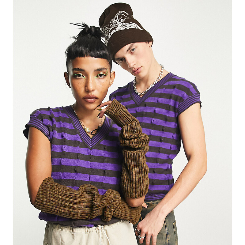 COLLUSION Unisex - Canotta a righe in maglia testurizzata 3D marrone scuro e viola-Multicolore