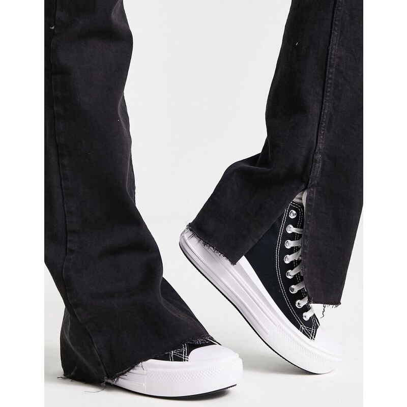 Pull&Bear - Jeans a zampa a vita alta neri con spacco-Nero