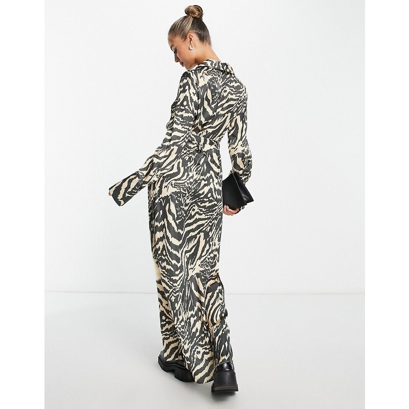 ASOS DESIGN - Vestito lungo in raso con stampa neutra zebrata e cintura-Multicolore