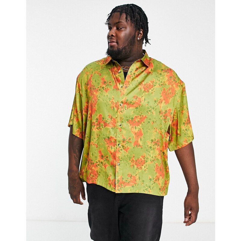 ASOS DESIGN - Camicia oversize squadrata in raso con stampa floreale-Verde